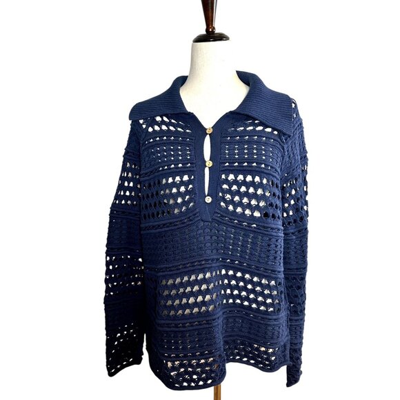 Sundance Women’s Medium Navy Crochet Knit Sweater – 100% Cotton Boho Beach M - Picture 2 of 7